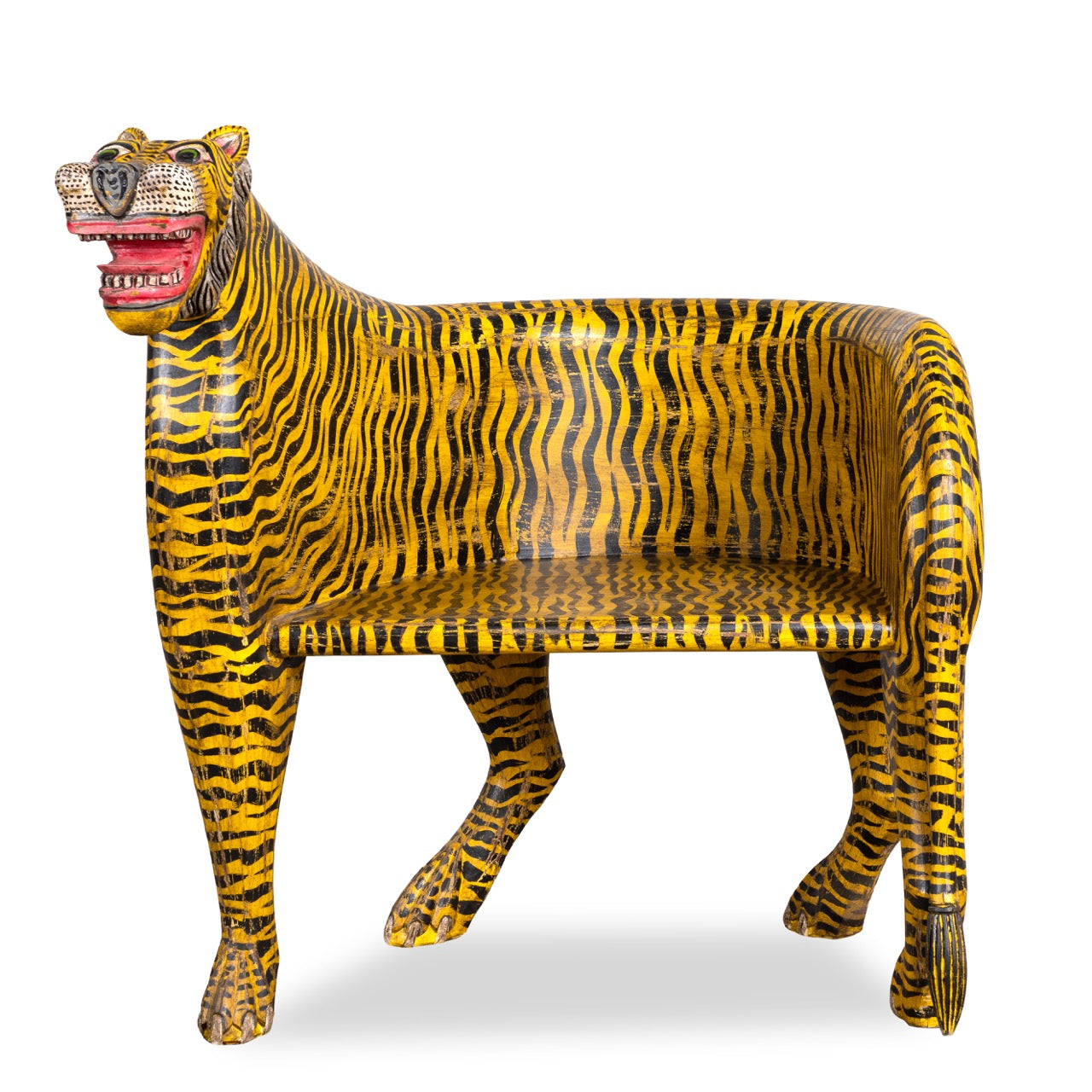 White background image of a hand-painted tiger chair made from recycled teak wood with carved tiger motif; ideal for a boho chic living room, 87 × 75 × 96 cm.