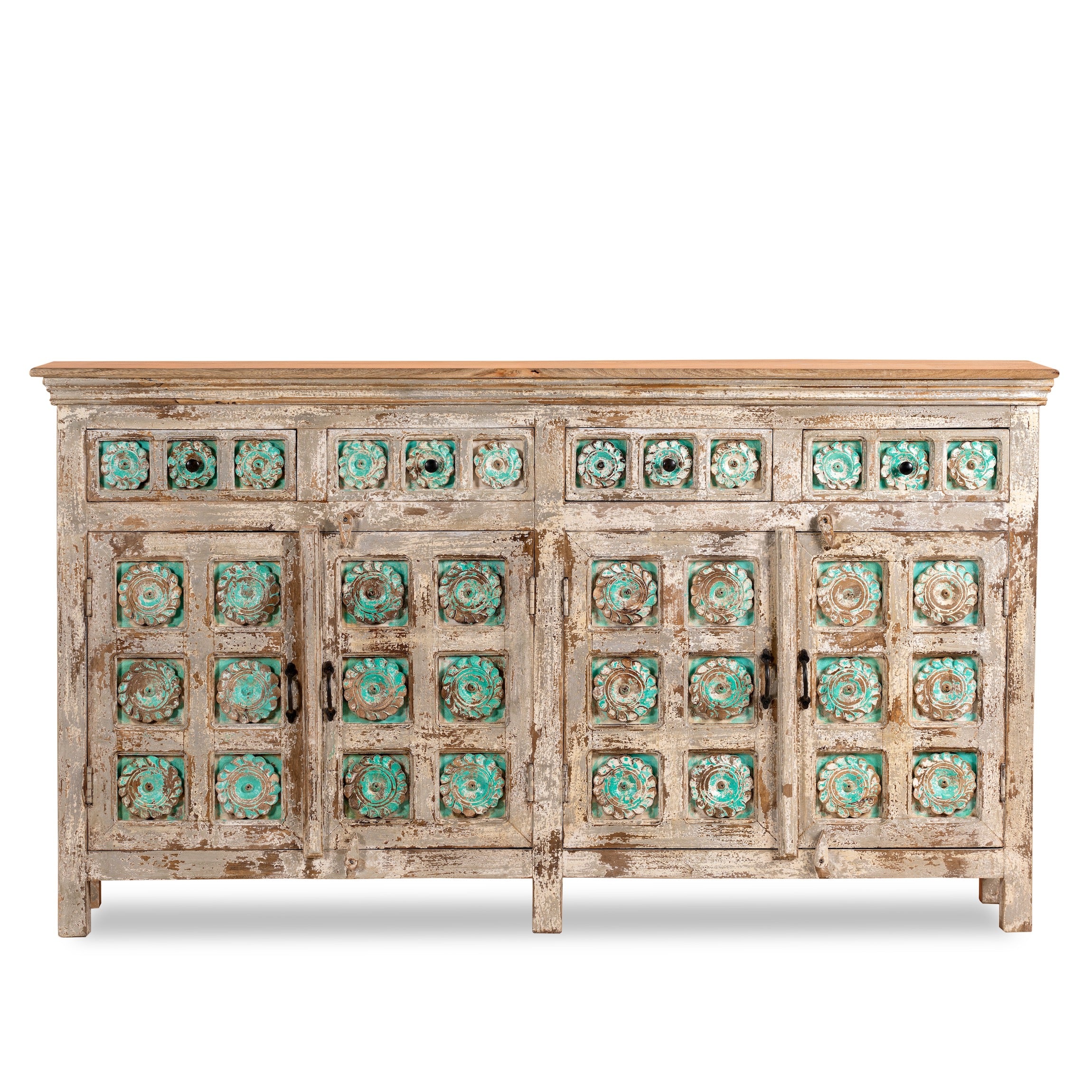 White background image of a hand-carved mango wood sideboard with green floral accents and vintage finish; perfect for bedroom furniture and bohemian interior style, 180 × 100 × 40 cm.