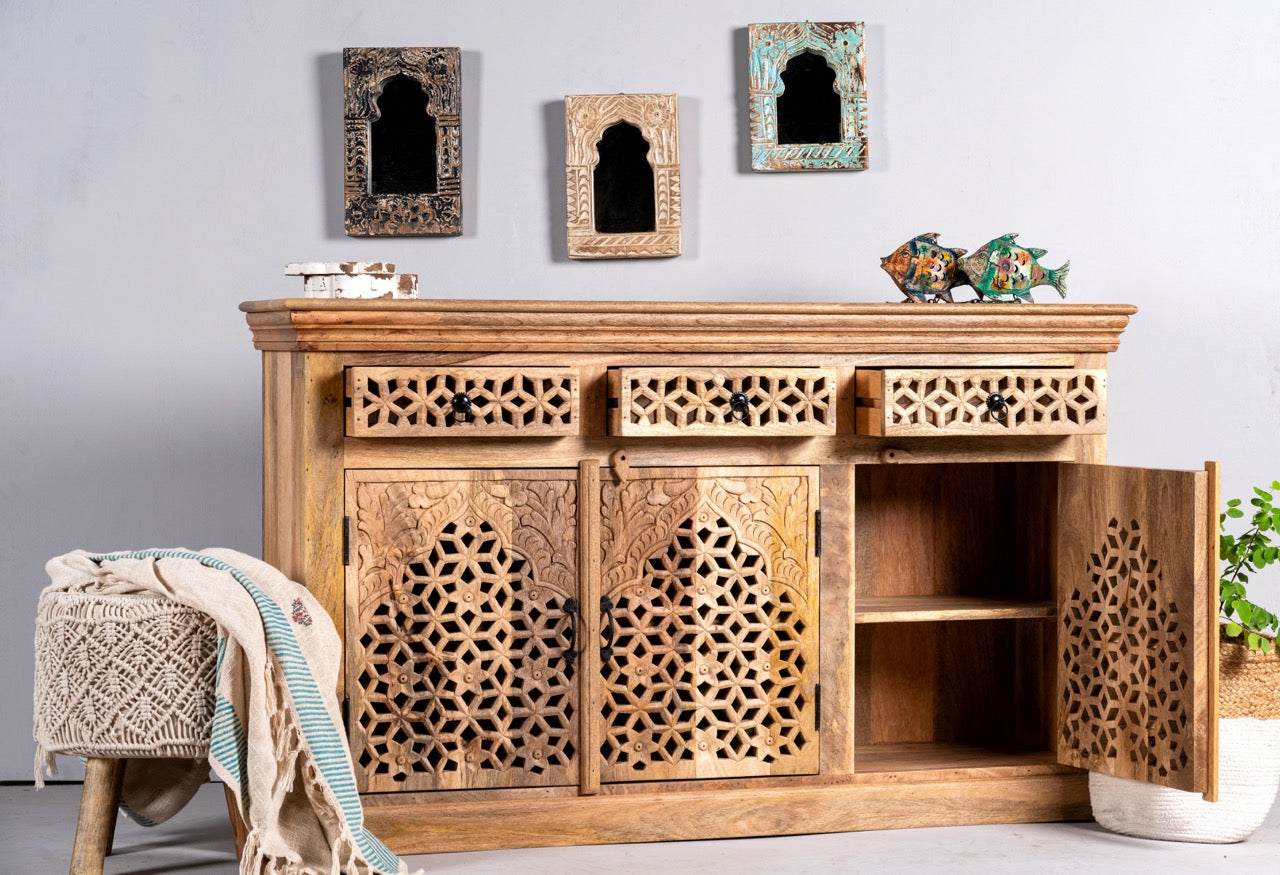 Side angle image with open doors of a Hand-carved mango wood sideboard Kaveri with 6 compartments and 3 drawers, oriental-inspired mango wood furniture, 150 × 90 × 40 cm.