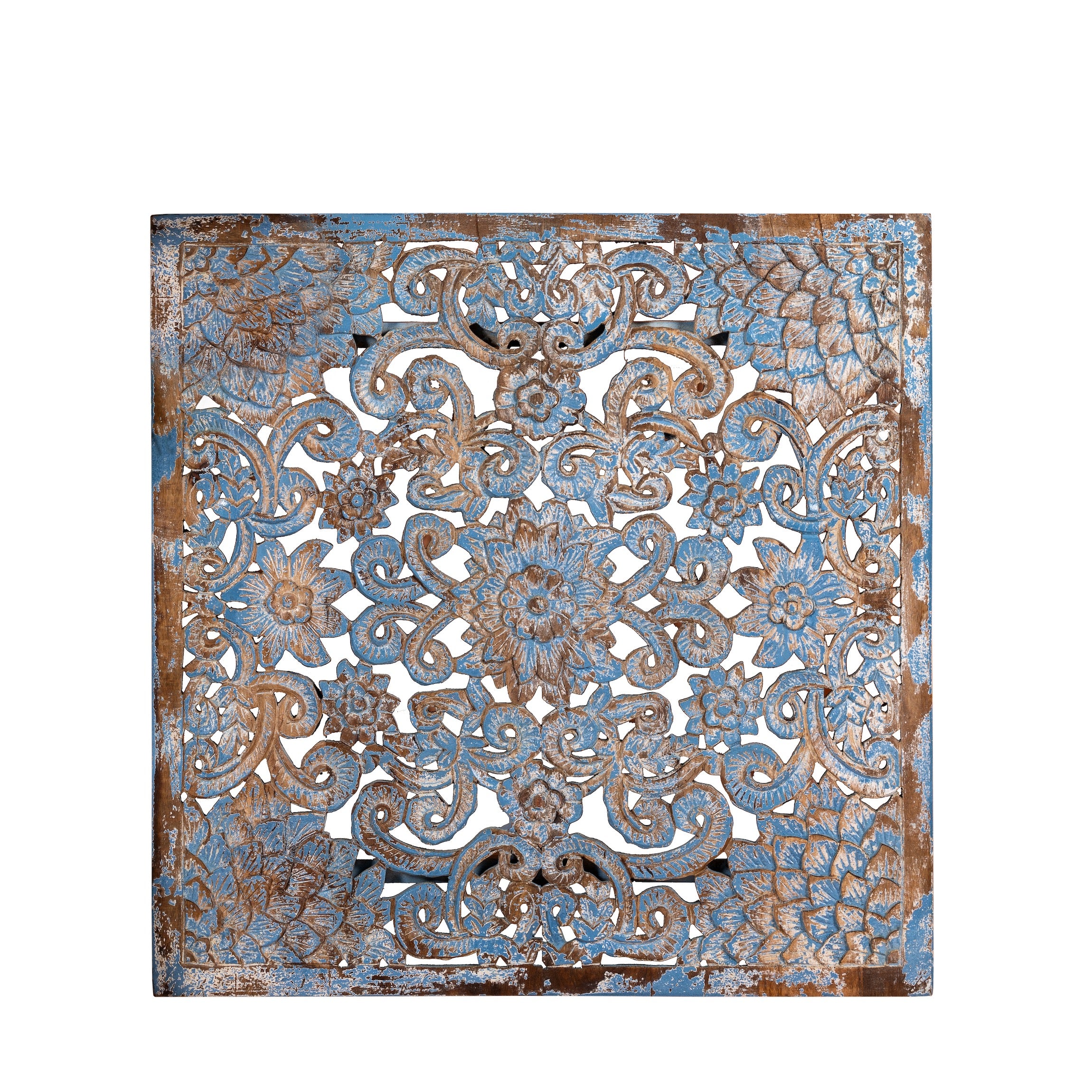 White background image of a Linda carved wooden wall panel made from mango wood with detailed floral carvings—an elegant wooden wall decoration featuring natural grain and artisan craftsmanship.
