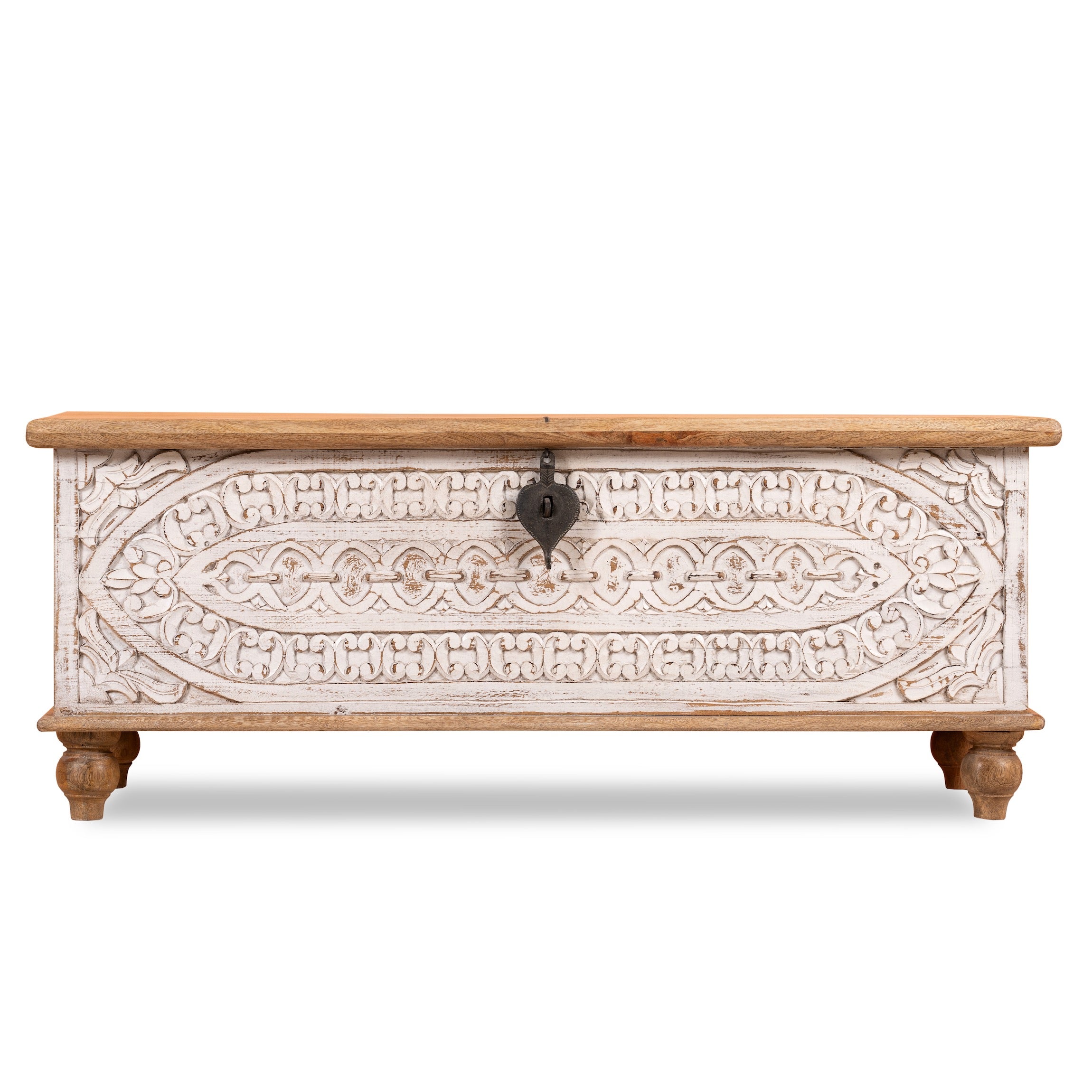 White background image of a hand-carved mango wood vintage chest with whitewashed finish and iron fittings – elegant storage for bohemian or rustic interiors.