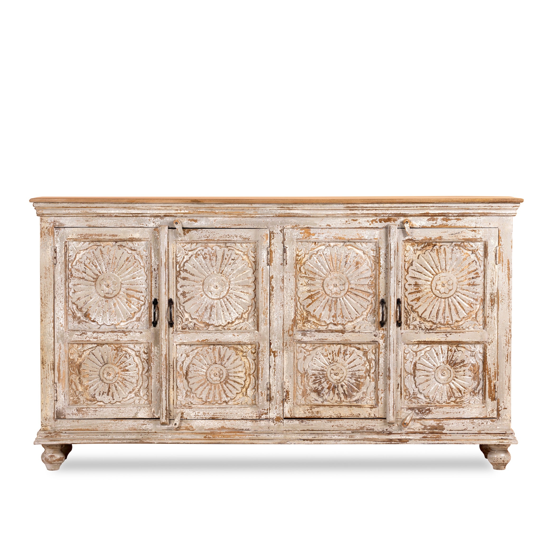 White background image of a handcrafted carved sideboard made from reclaimed wood with floral motifs and distressed finish; suitable as bedroom furniture, 180 × 40 × 100 cm.