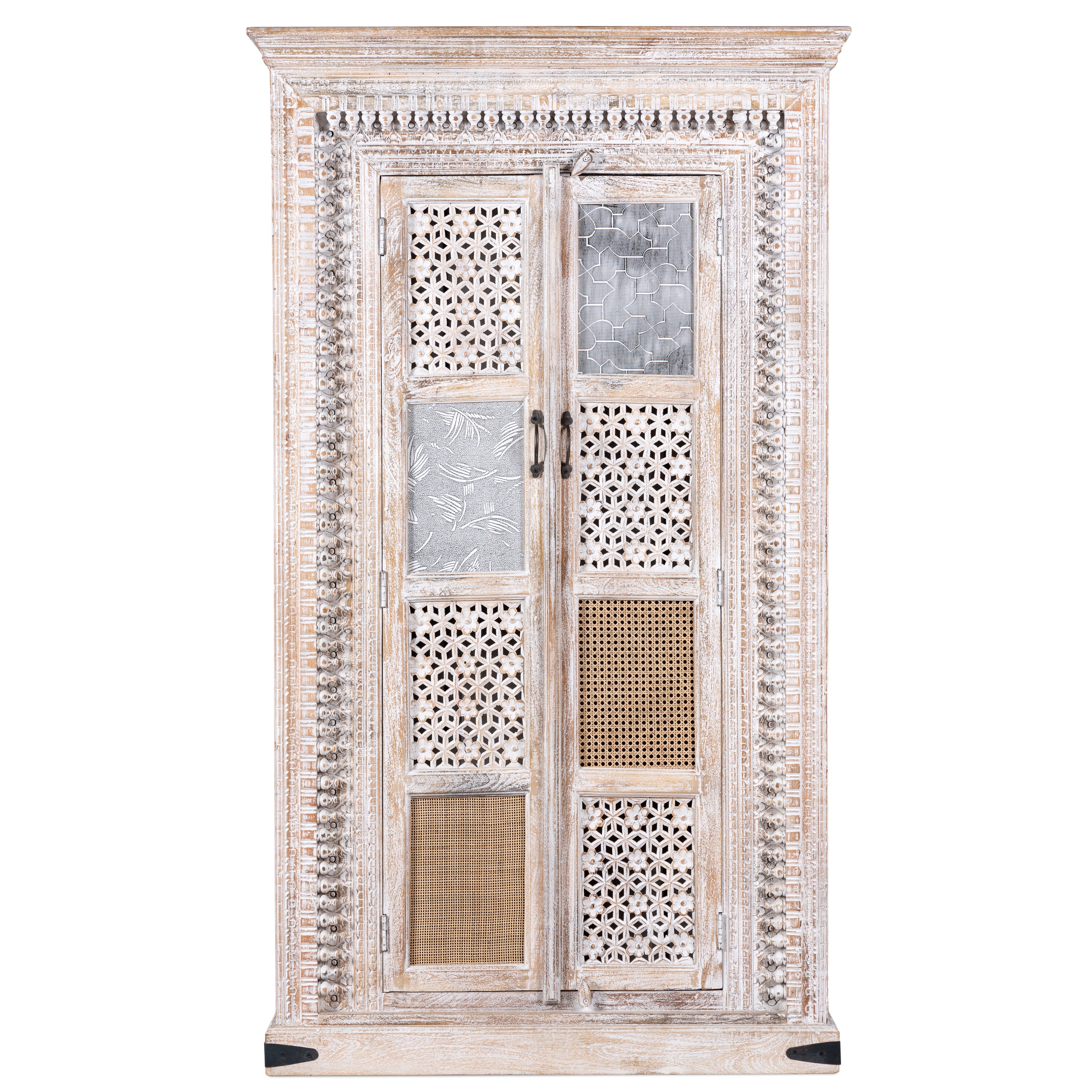 White background image of a whitewashed mango wood cabinet with hand-carved details, rattan inserts, and glass panels; versatile as bedroom furniture or wooden wardrobe; 192 × 110 × 40 cm.