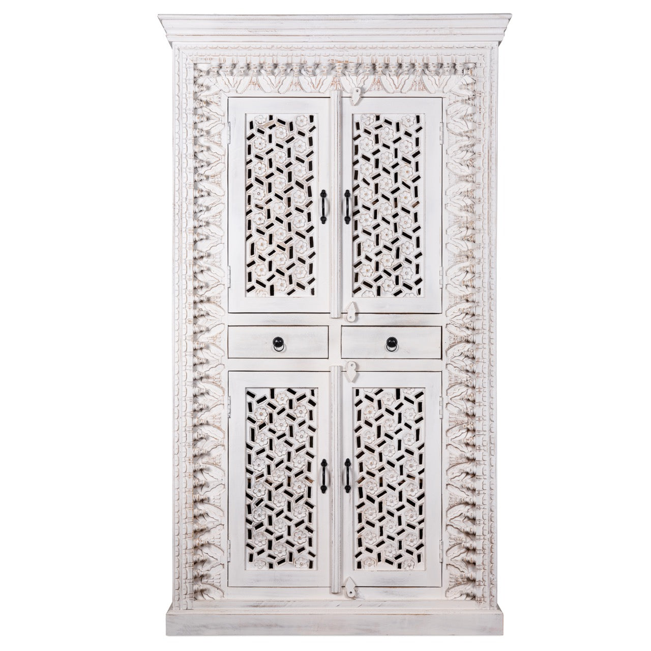White background image of a
hand-carved mango wood cabinet with shelving and whitewashed finish, bedroom furniture with floral and geometric motifs, 190 × 105 × 40 cm.