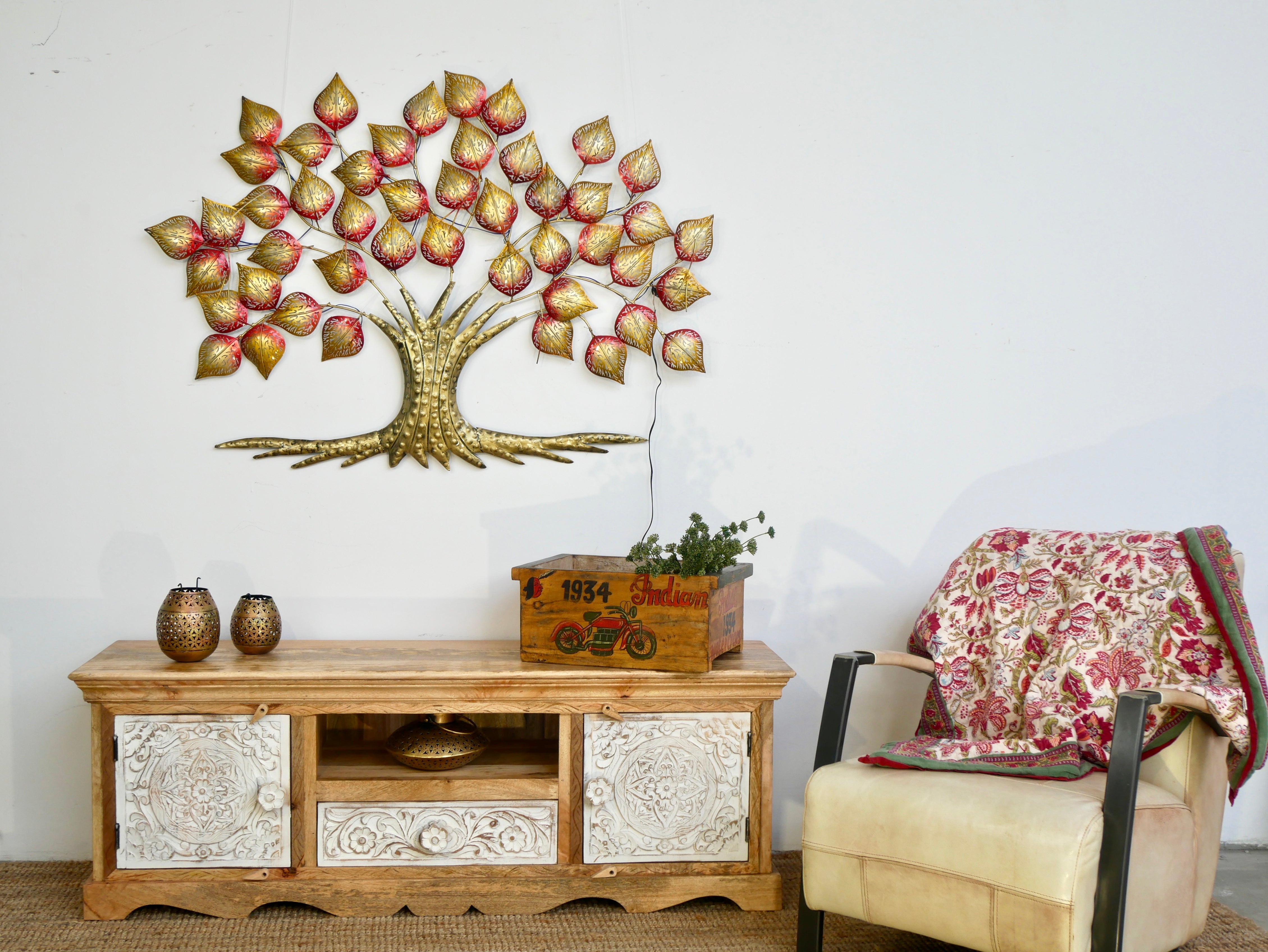 Handcrafted wooden carved sideboard made from mango wood with Indian carvings and drawers; ideal living room furniture, 150 × 60 × 40 cm.