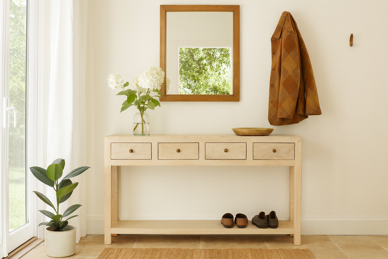 Lifestyle imagination of a sustainable reclaimed wood console table with four drawers, lower shelf, and sandblasted mango wood finish, 150 × 40 × 90 cm.