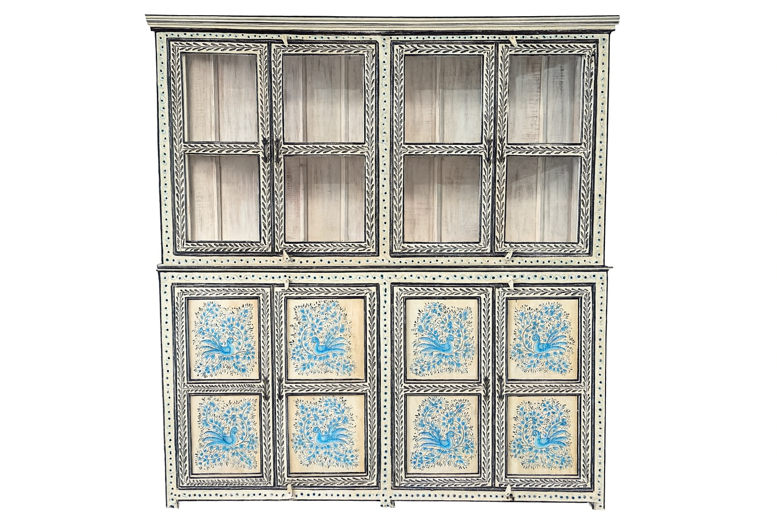 White background image of a Hand-painted reclaimed wood display cabinet with glass doors and floral blue peacock design – Aadrika model by Om Home & Garden