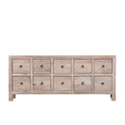 White background image of a reclaimed sandblasted wooden chest of drawers with 10 drawers, part of our Ibiza style furniture collection.