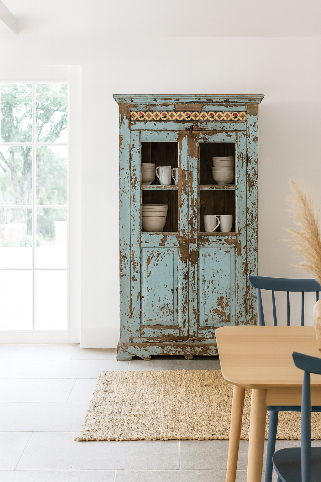 Lifestyle image of a reclaimed teak wood display cabinet with light blue shabby chic finish and ceramic inlays – sustainable teak wood showcase with glass doors.
