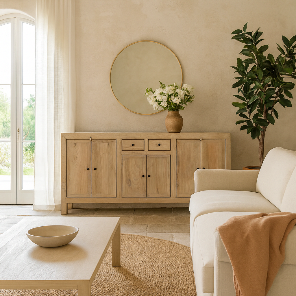 Lifestyle imagination of a sandblasted wooden sideboard with three compartments and two small drawers, Ibiza style living room furniture in light natural finish, 200×40×90 cm.