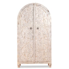 White background image of a white-washed hand-carved mango wood cabinet in Ibiza style, a statement piece for vintage home decor.