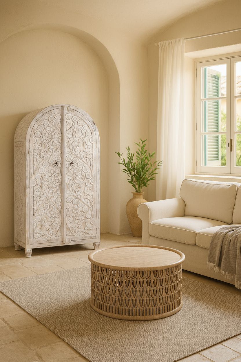 Lifestyle inspiration of an arched wooden wardrobe made of mango wood with hand-carved floral details; hand carved wooden furniture in Ibiza style, 190 × 100 × 40 cm.