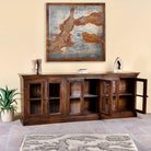 Open door image of a large reclaimed wood sideboard in rustic boho style with six glass-panelled doors, 257×46×100 cm.