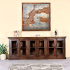 Large reclaimed wood sideboard in rustic boho style with five glass-panelled doors, 257×46×100 cm.