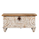 White background image of a hand-carved mango wood chest box with floral whitewashed detailing and iron handles – vintage home accessory and unique furniture with rustic charm.