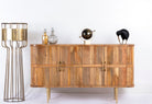 Handcrafted mango wood sideboard with curved door panels and brass-plated legs—minimalistic style living room furniture with natural elegance.