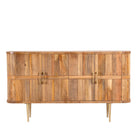 White background image of a handcrafted mango wood sideboard with curved door panels and brass-plated legs—minimalistic style living room furniture with natural elegance.