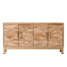 White background image of a handcrafted mango wood sideboard with star-carved doors and brass-plated iron stand—an artisanal furniture piece blending minimalistic and rustic design elements.