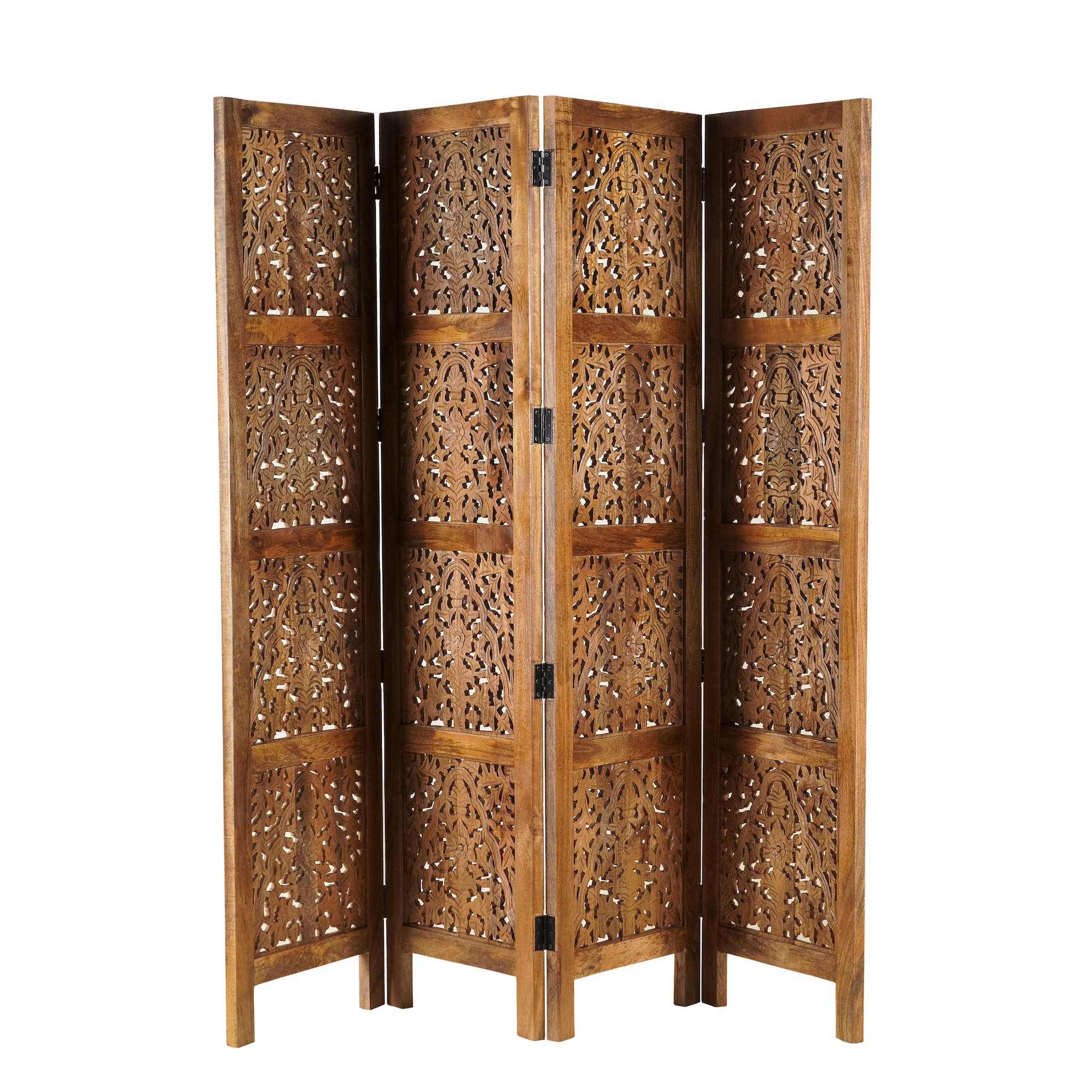 White background image of a foldable room partition made from mango wood, featuring four panels with intricate hand-carved floral and lattice designs, finished in a warm natural tone and connected by black metal hinges for flexible positioning.
