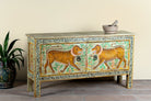 Side angle image of a reclaimed wood console table Alina in a Boho Tiger design, featuring hand-painted tigers and floral details. A bold piece of artisanal furniture perfect for colourful and eclectic bohemian interiors.