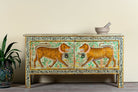 Reclaimed wood console table Alina in a Boho Tiger design, featuring hand-painted tigers and floral details. A bold piece of artisanal furniture perfect for colourful and eclectic bohemian interiors.