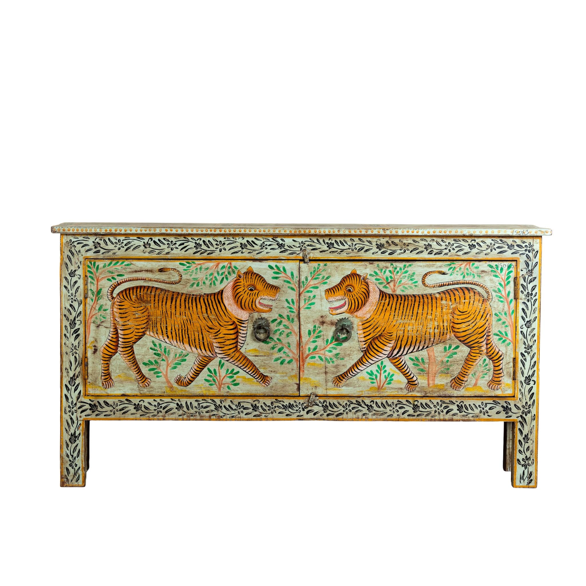 White background image of a reclaimed wood console table Alina in a Boho Tiger design, featuring hand-painted tigers and floral details. A bold piece of artisanal furniture perfect for colourful and eclectic bohemian interiors.