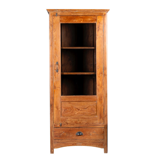 White background image of an antique reclaimed teak wood display cabinet with glass door, honey wax finish, and lower drawer – unique furniture showcasing traditional Indian craftsmanship.