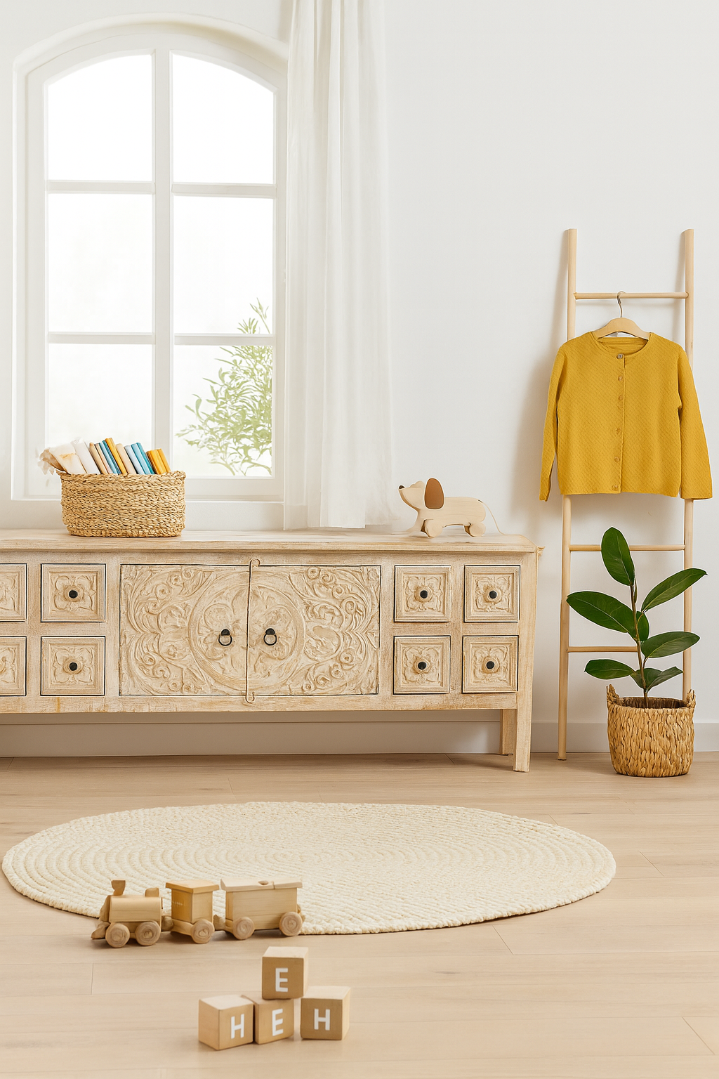 Styling idea for Ambalika whitewashed mango wood low board with hand-carved floral details, eight drawers and two compartments; ideal as a wooden low board or carved wood console table, 180 × 60 × 40 cm.