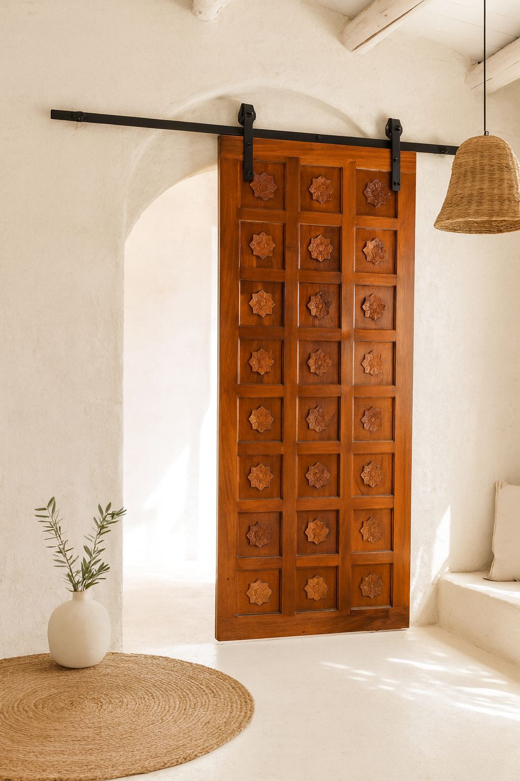 Lifestyle scene of a hand-carved sliding door panel made from reclaimed wood, featuring symmetrical floral motifs in square reliefs for a warm, artisanal statement piece.