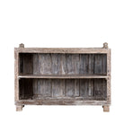 White background image of an antique console table wood counter with open shelves, a one-of-a-kind teak piece of unique furniture.