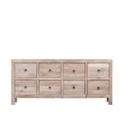 White background image of a reclaimed sandblasted wooden chest of drawers with 8 drawers, part of our Ibiza style furniture collection.