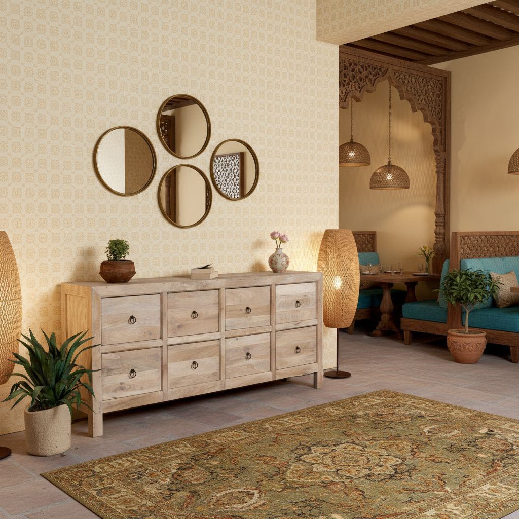 Lifestyle imagination of a reclaimed sandblasted wooden chest of drawers with 8 drawers, part of our Ibiza style furniture collection.