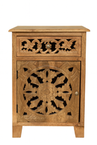 White background image of a pair of mango wood bedside tables with floral and geometric carvings; natural finish mango wood furniture ideal for bedroom furniture, 45 × 65 × 35 cm.