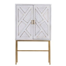 White background image of a tall whitewashed mango wood cabinet with carved lines and antique brass iron base, 91 × 154 × 43 cm.