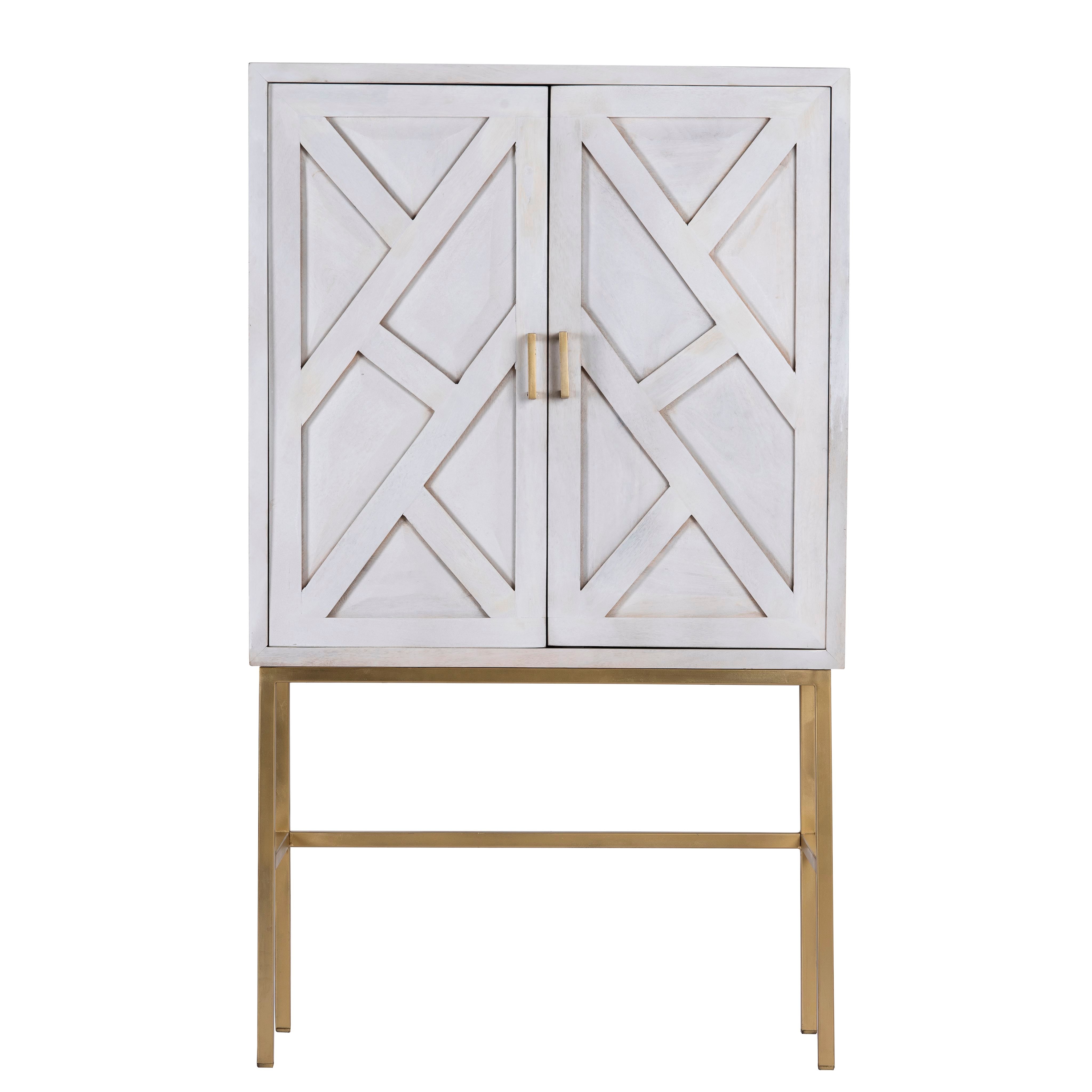 White background image of a tall whitewashed mango wood cabinet with carved lines and antique brass iron base, 91 × 154 × 43 cm.