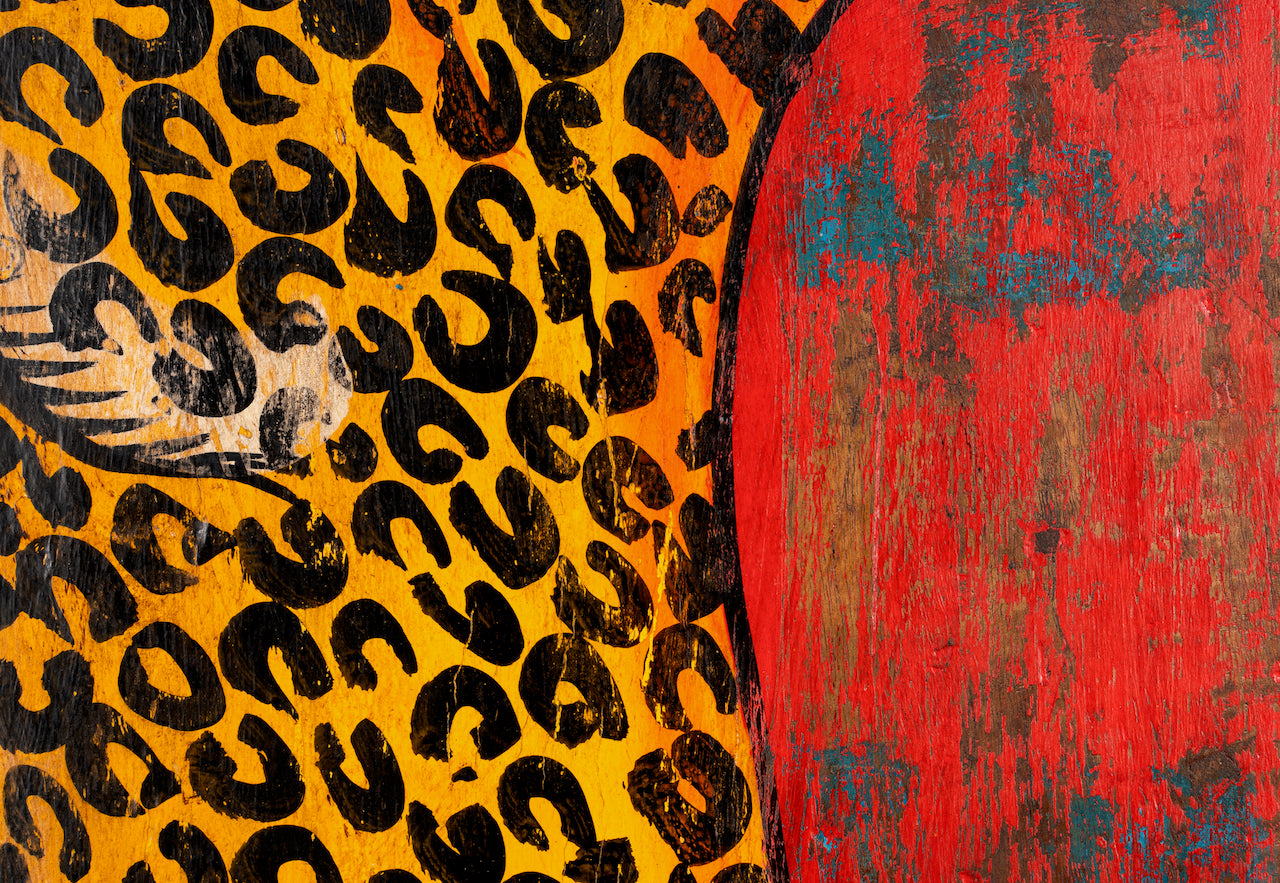 Close up image of a Arbuda hand painted wall panel featuring a vivid Indian tiger on reclaimed teak wood—an expressive tiger wall decoration and artisan-crafted tribute to Indian wildlife.