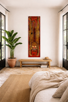 Lifestyle image of a Arishta hand-painted wooden wall decoration featuring an Indian tiger on recycled teak—an expressive Indian door decoration with heritage and artistic depth.