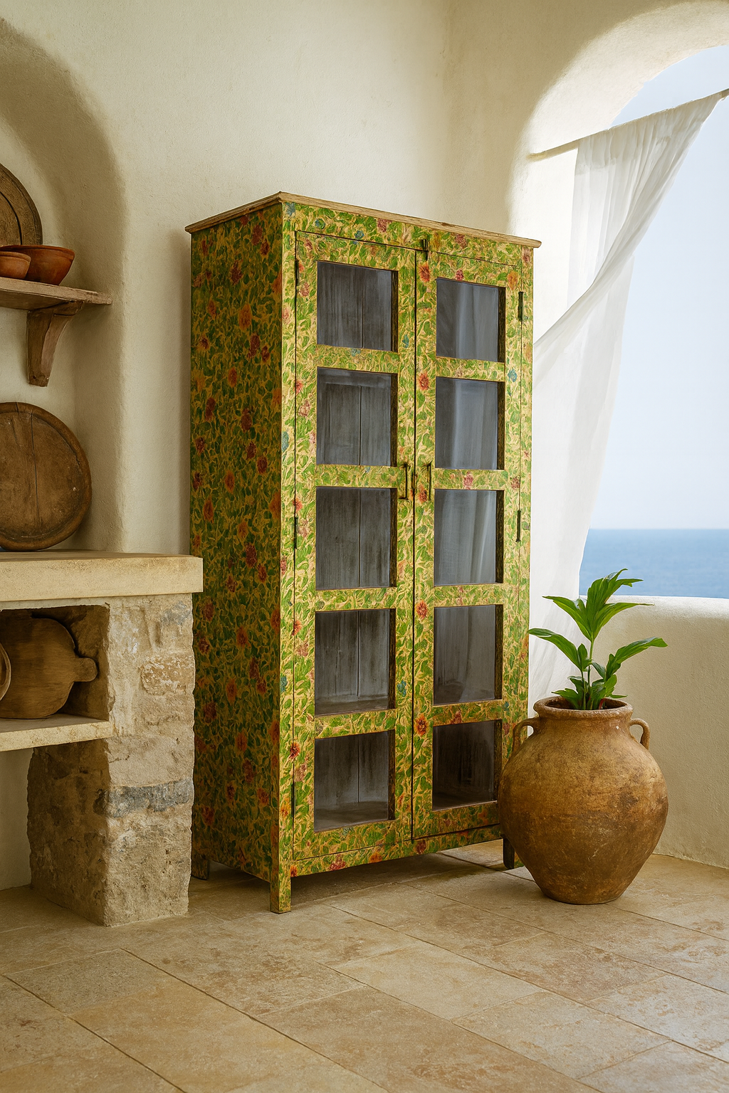 Lifestyle image of a hand-painted reclaimed wood showcase cabinet with floral motifs and glass doors, sustainable furniture and vintage home decor style, 96 × 40 × 182 cm.
