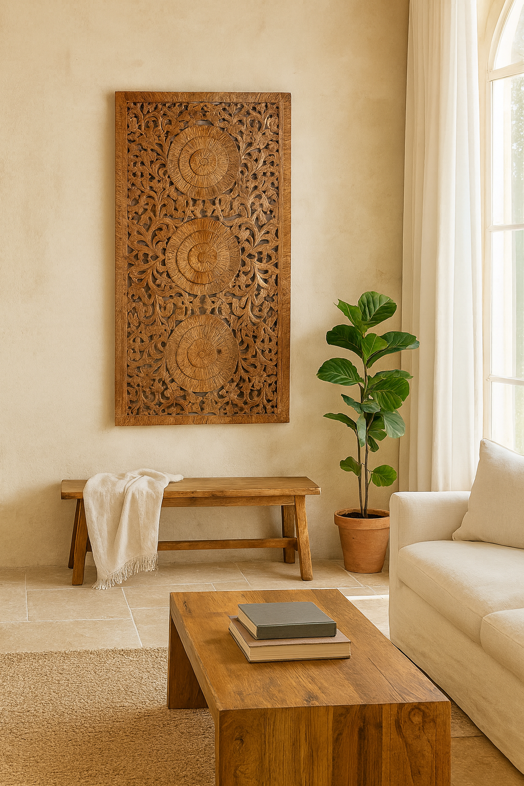 Lifestyle scene with a hand-carved mango wood wall panel with floral engravings in natural finish – Arusha model by Om Home & Garden