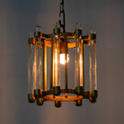 Lighted version of a round antique brass iron and glass pendant light with test tube shade – minimalistic pendant light ideal for soft glass lighting in bedrooms, kitchens, or entryways.