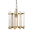 White background image of a round antique brass iron and glass pendant light with test tube shade – minimalistic pendant light ideal for soft glass lighting in bedrooms, kitchens, or entryways.