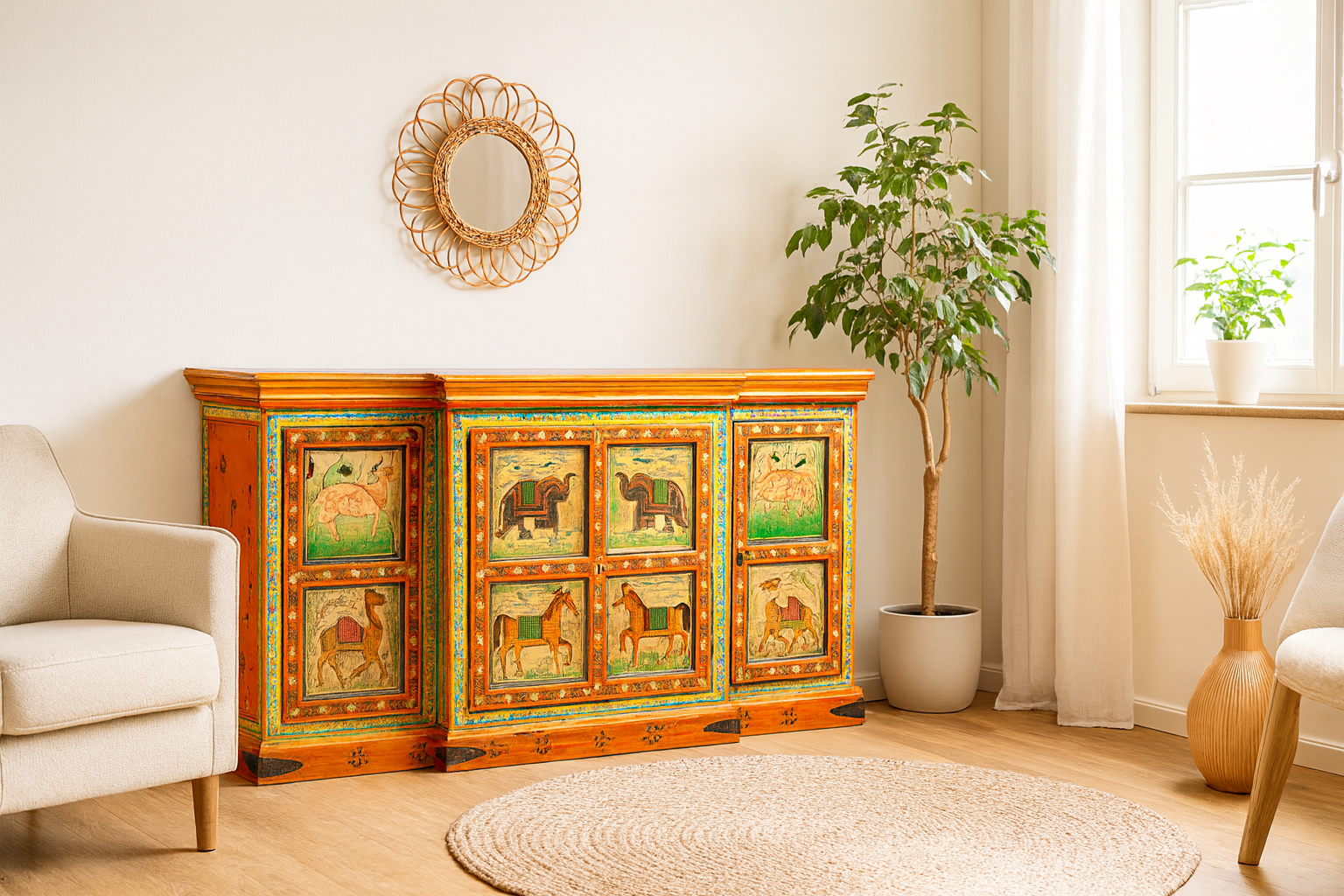 Lifestyle image of a hand-painted reclaimed wood sideboard with Indian god motifs; unique hand painted furniture and Indian furniture online, 177 × 92 × 51 cm.