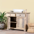Open door image of a reclaimed wood sandblasted cupboard with 2 drawers and 2 doors; sustainable bathroom furniture, 100 × 50 × 80 cm.