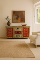 Lifestyle image of a sustainable hand painted sideboard made from reclaimed teak wood with floral motifs; bold bohemian furniture, 150 × 45 × 90 cm.