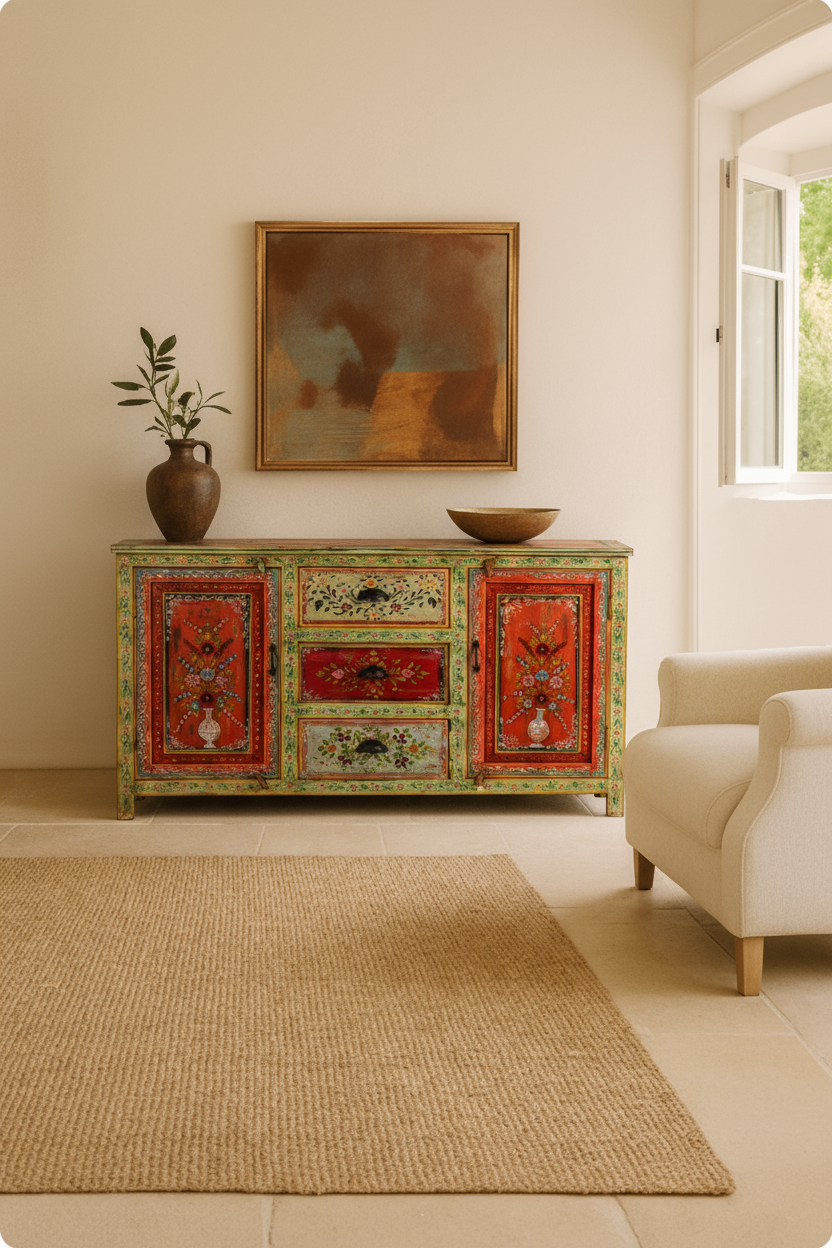 Lifestyle image of a sustainable hand painted sideboard made from reclaimed teak wood with floral motifs; bold bohemian furniture, 150 × 45 × 90 cm.
