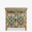 White background image of a Hand painted cabinet made from reclaimed wood with colourful traditional Indian motifs, 90 × 90 × 40 cm.