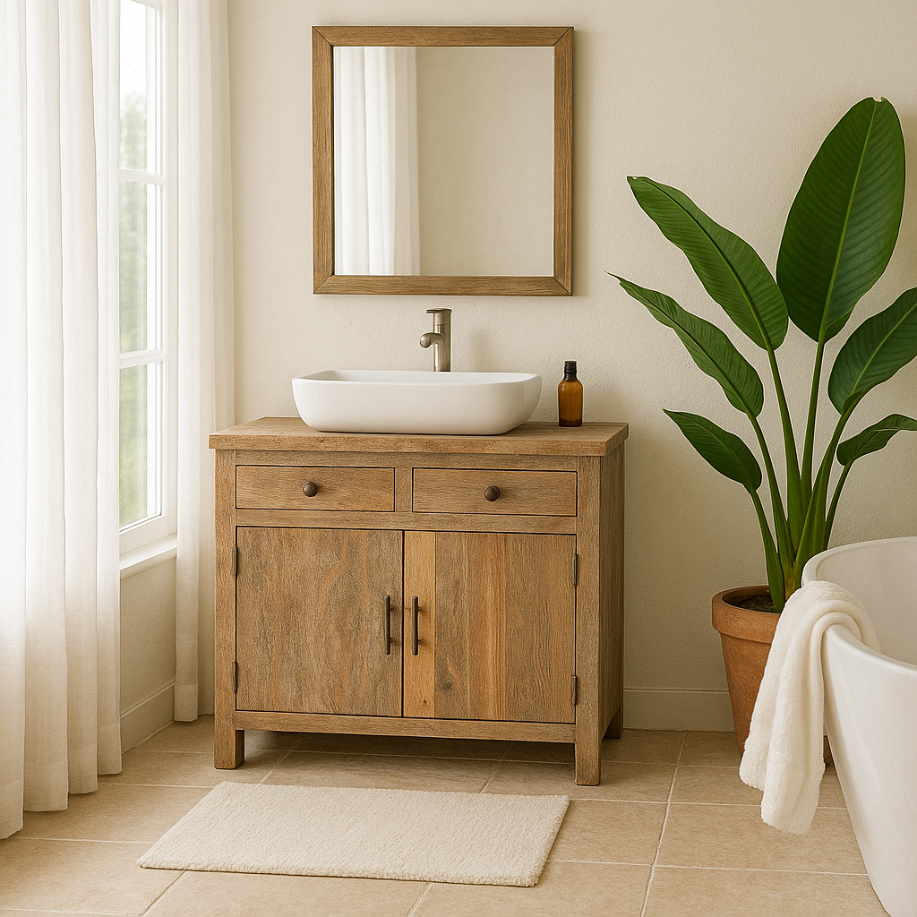 Lifestyle imagination of a reclaimed wood cupboard with 2 drawers and 2 doors, rustic finish; sustainable bathroom furniture, 90 × 50 × 80 cm.