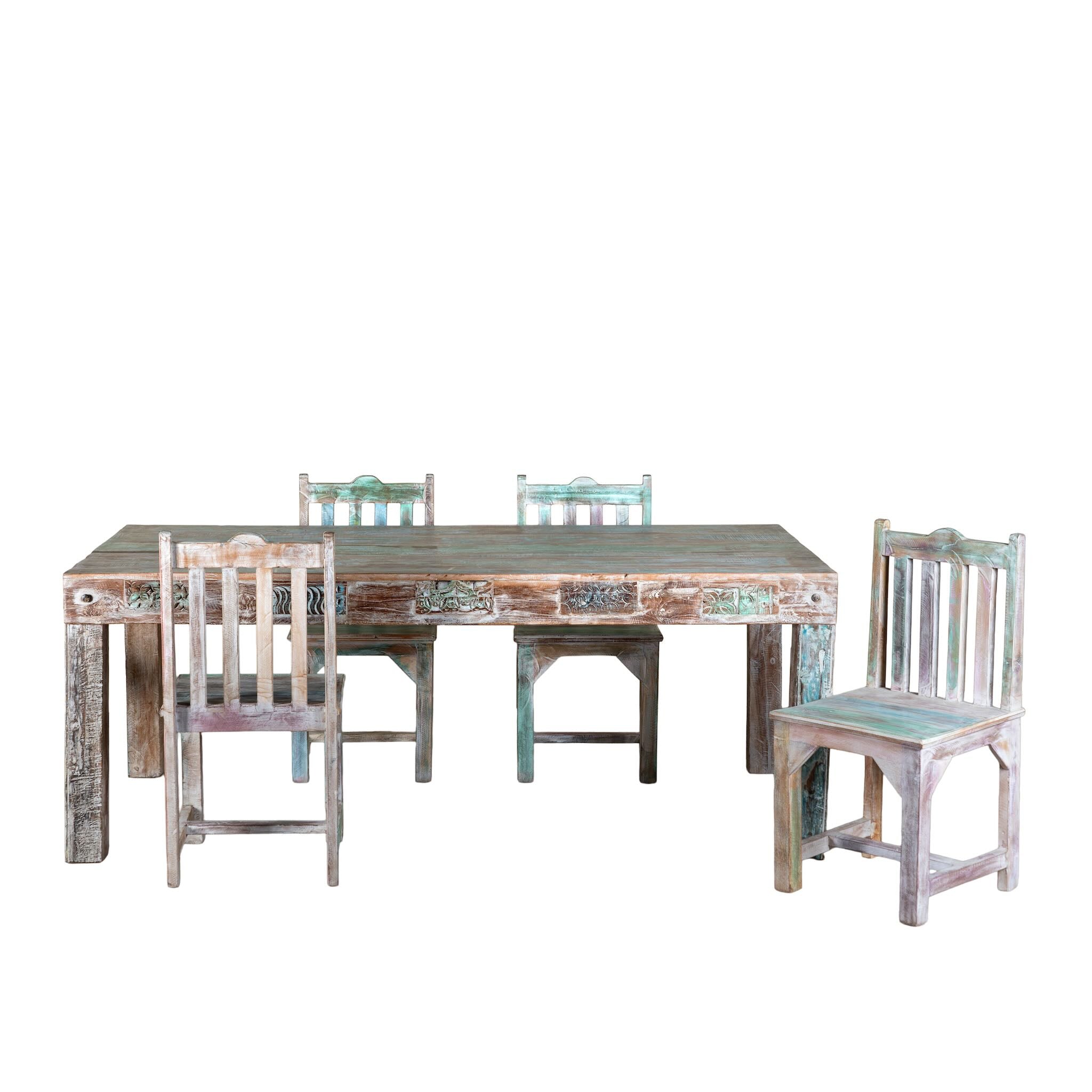 White background image of a reclaimed wood dining set Ayla with one vintage table and six rustic chairs. A handcrafted bohemian interior piece combining sustainable materials with artistic, timeworn charm.