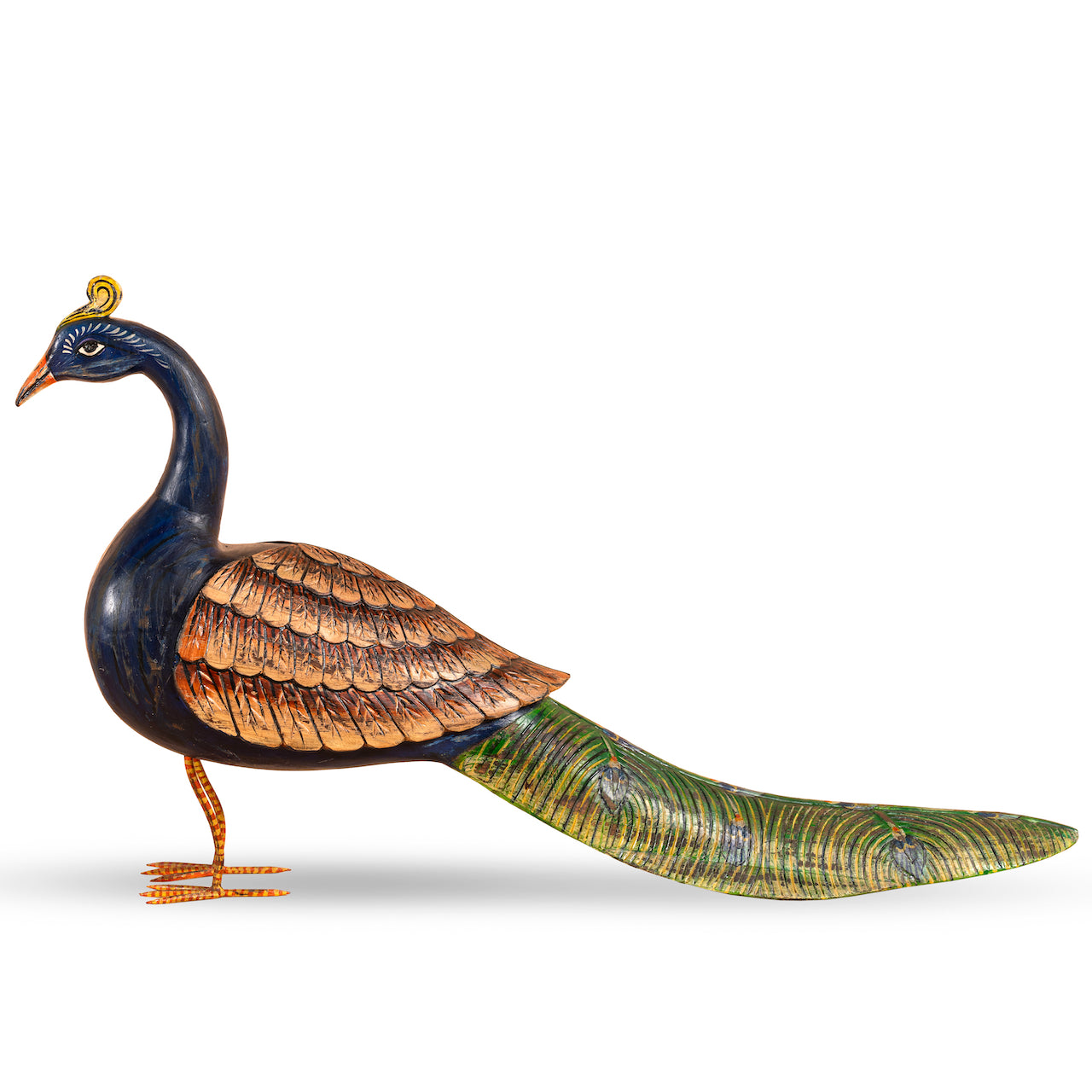 White background image of a hand-painted mango wood peacock decor – Indian home accessory from Rajasthan, ideal for vintage home decor and artistic interiors.