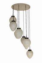 White background image of a mosaic pendant lamp Bhuv with round ceiling panel and 7 hanging mosaic stone lights – handcrafted lighting design, 60 cm panel with 30x20 cm teardrop light bodies.